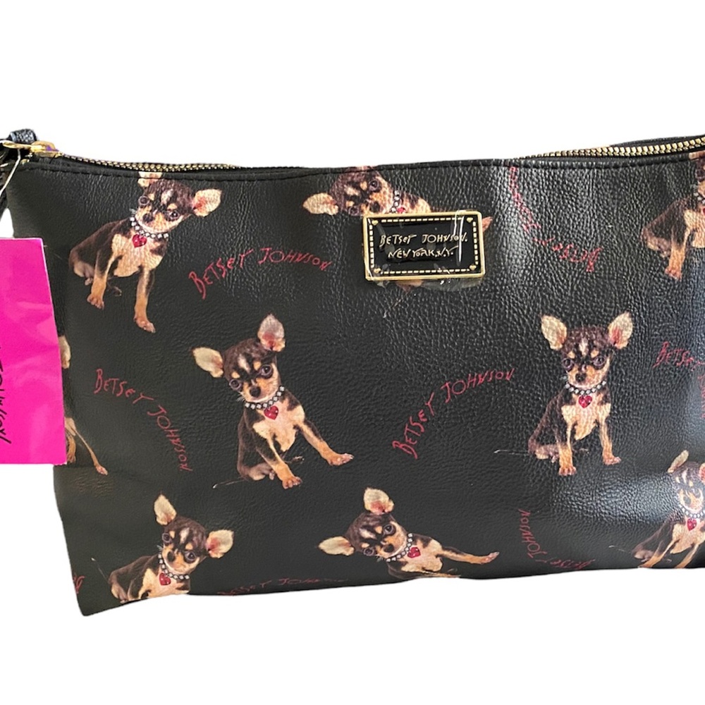 Betsey Johnson Chihuahua Dog Black/Br Wristlet Cosmetic Bag/Organizer NWT Rare